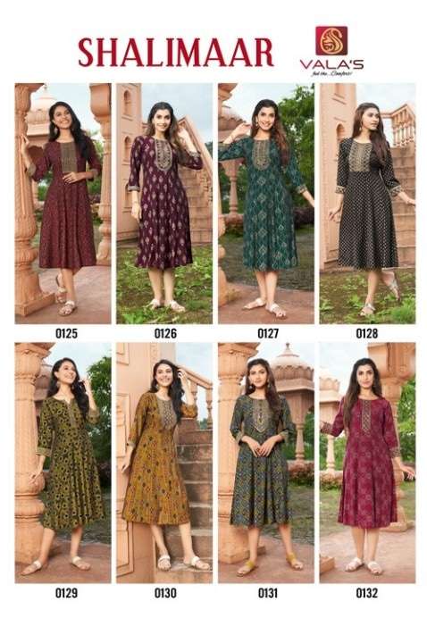 VALAS SHALIMAAR RAYON PRINT WITH WORK KURTIS WHOLESALE CATLOGE 